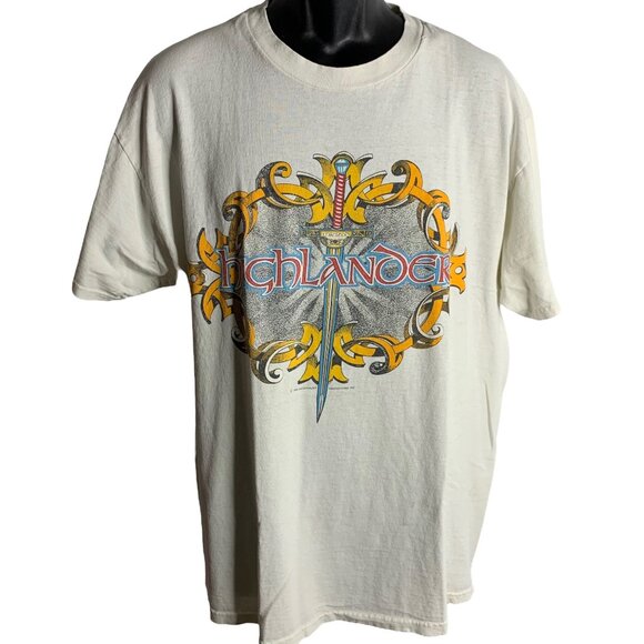 Vintage 1996 Highlander Crewneck T Shirt XL White Short Sleeve MacLeod Promo